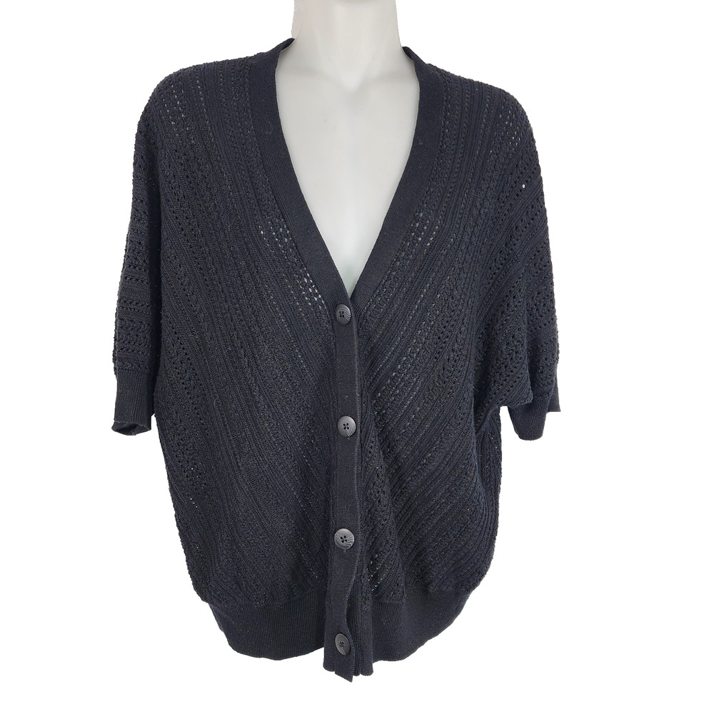 Chicos Pointelle Cardigan Sweater M V Neck Button Open Knit Dolman Short Sleeve